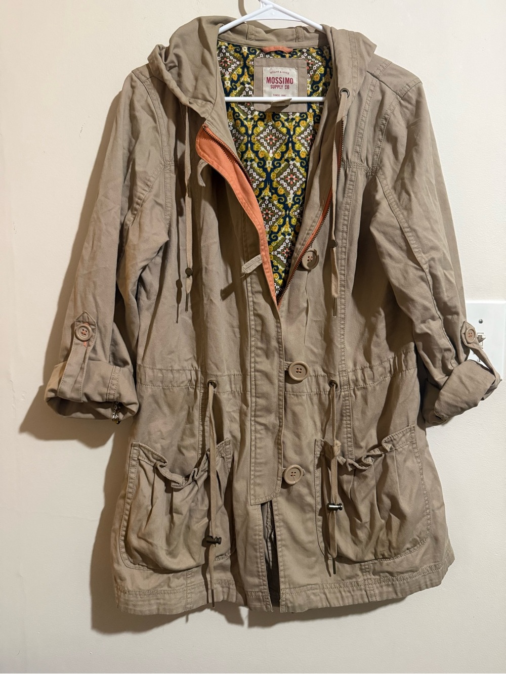 Mossimo Supply Co. Tan Hooded Utility Jacket with Patterned Lining